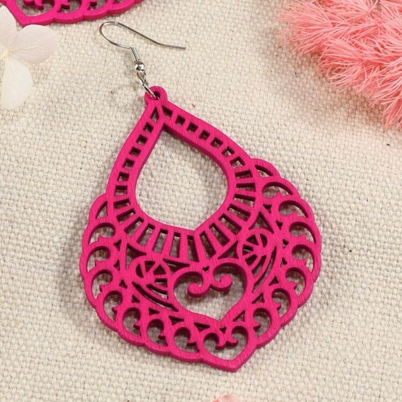 Pink Water Drop Wood Earrings - Picture 3 of 6